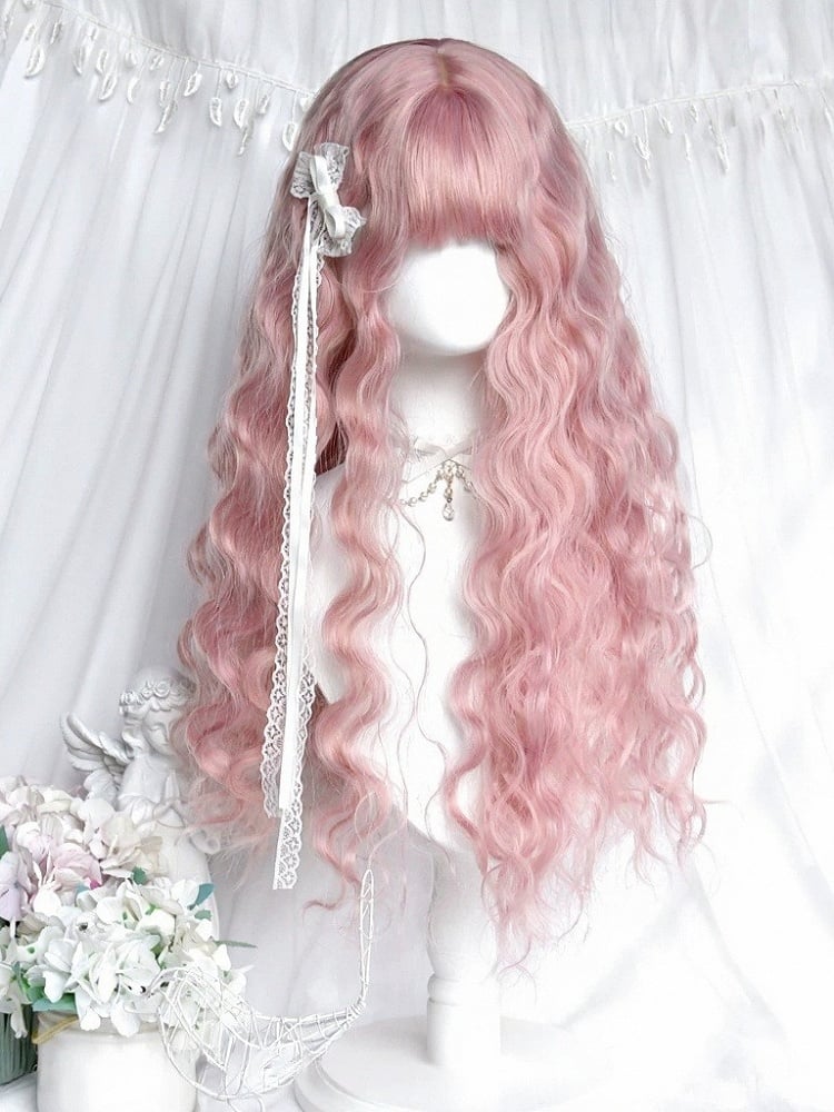 Pink 65cm Full Bangs Long Wavy Curly Wig - Sinwavy