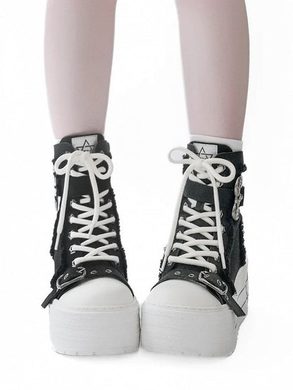 Black Boots Bullhorn Platform White Punk Sole Buckle - with Canvas