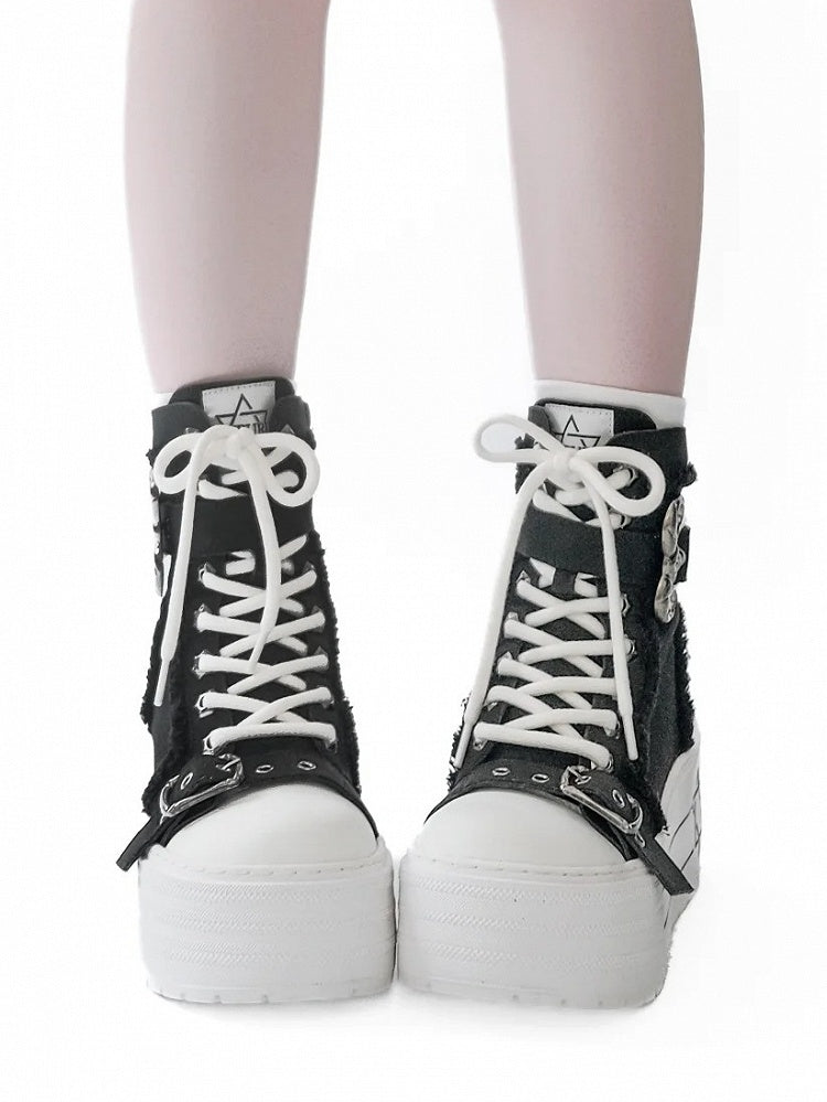 Black Punk Canvas Platform Boots with Bullhorn Buckle Hexagram Print Lace-Up Size 35 - GURURU