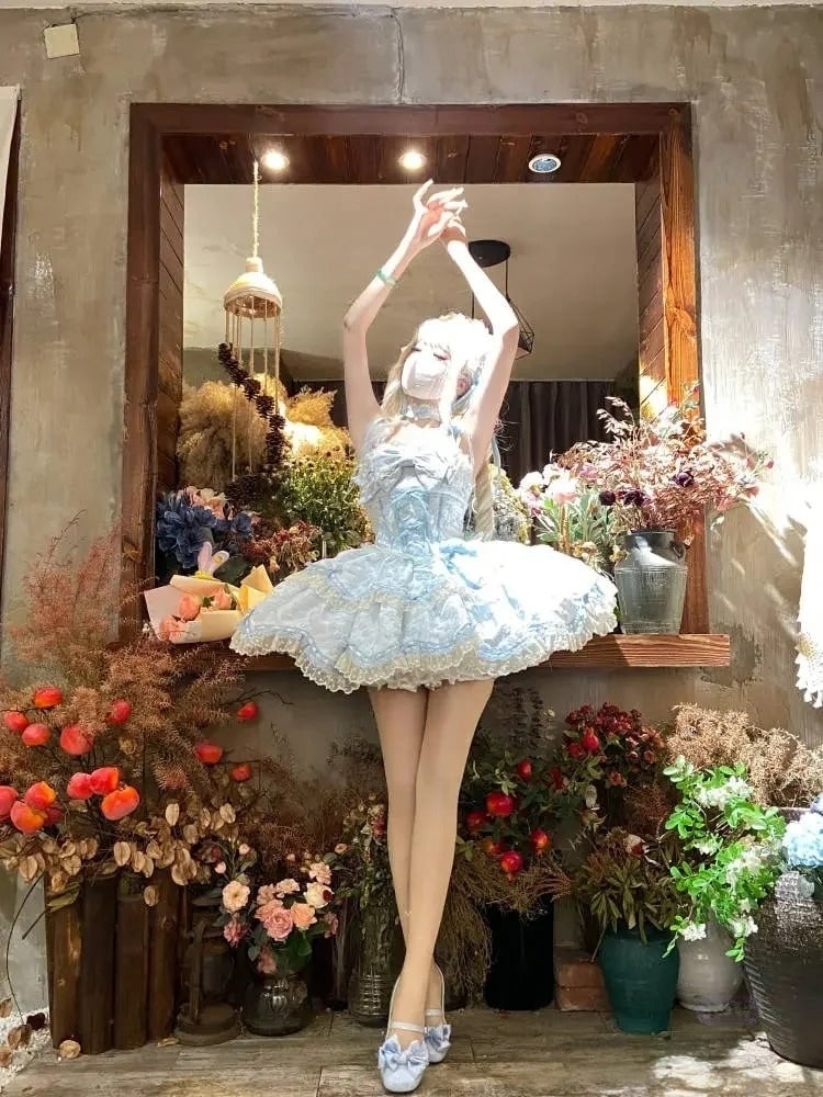 Blue Lolita Bow JSK Jacquard Apricot Doll-Style Lace Dress Floral with