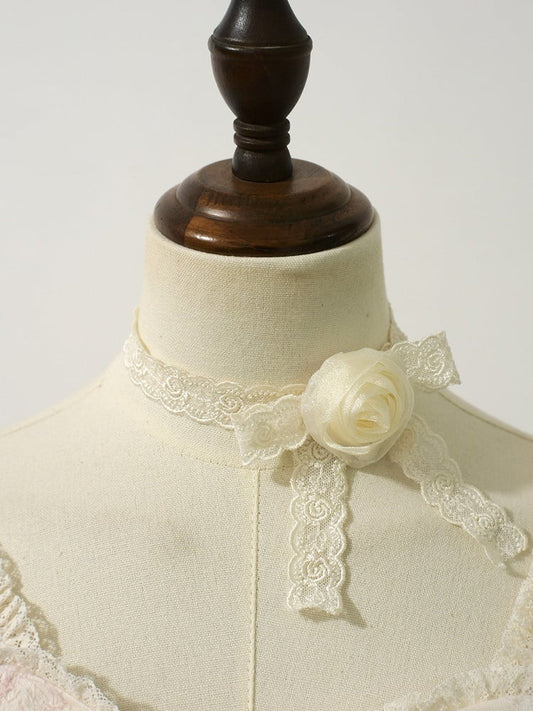 Tan Lace Necklet with Floral Rose Accent - Sweet Dream