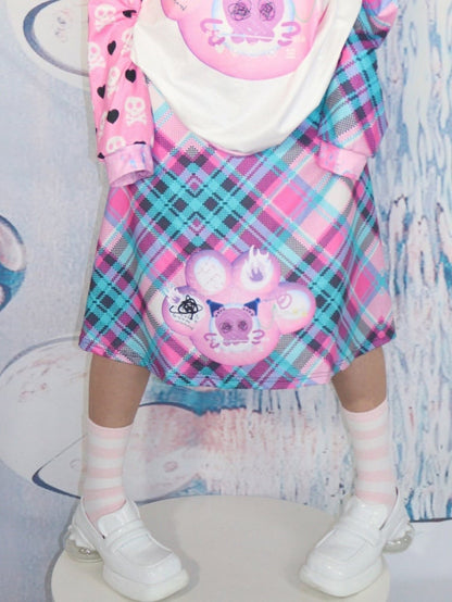 Y2K クローグリーンピンクスカートチェック柄プリント猫