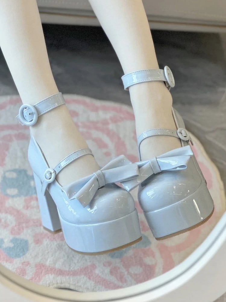 Accents Ring Elegant Buckle High-heels Bow and Polished Lolita Blue Platform with