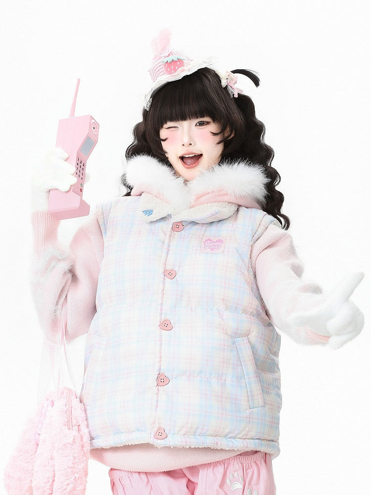 Kawaii Vest Daily Pink Closure Plush with Lining 2-Way Button Fleece Plaid Heart