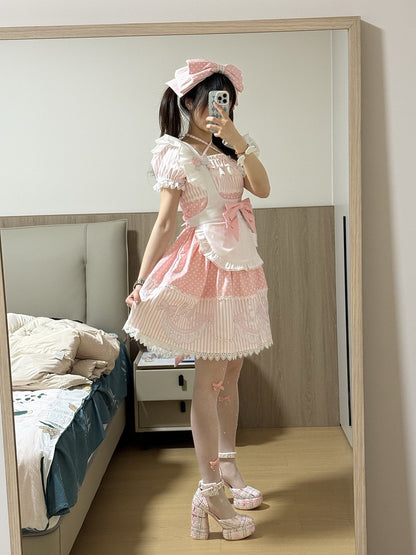 Polka Dot & Striped Pink Lolita Short Sleeve Dress with Poodle Patch - Infanta