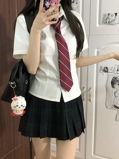 Preppy Embroidered Badge Shirt Short JK Style White Sleeves Uniform