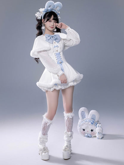 White Landmine Dress Blue Matching Shorts Plush Set Bunny Bow Ear Brooch Style Full Cape Lace +