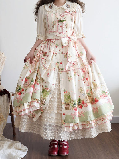 Bunny Lolita Grünes Kleid Print Saum Fashion House Pink Floral und