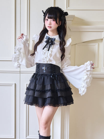 Black Skirt Tiered Lace and with Lace-up Details Striped Cross Ruffle Kei Jirai