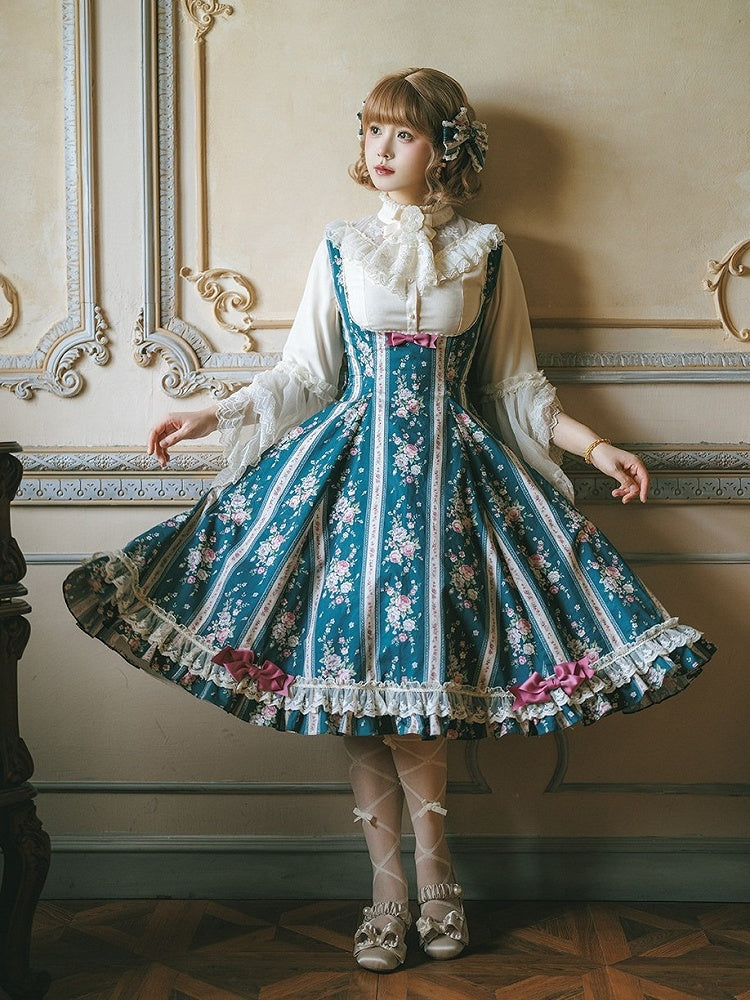 Teal Floral Print Bustier Lolita Dress with Back Lace-Up Detailing - Miss Cube Dressworks