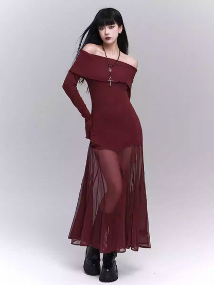 Wine Red Semi-sheer Off-the-shoulder Neckline Glamorous Dress