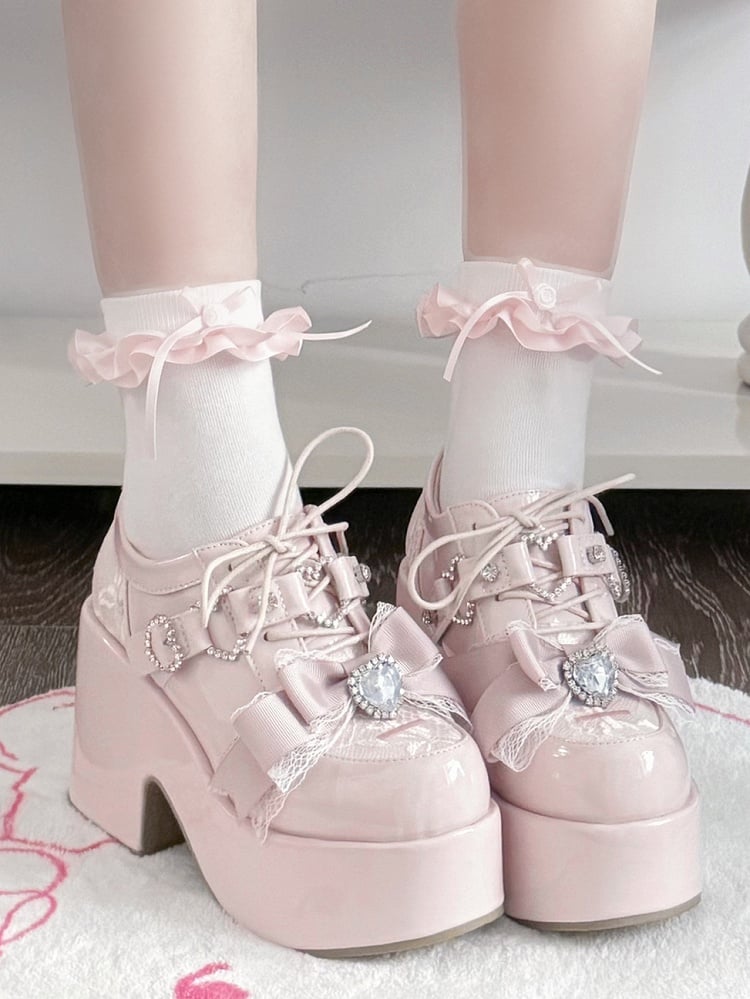 Kei Heels Janes Embroidery Rhinestone Toe Jirai - PU Cross Bow with Pink Mary Heart Platform