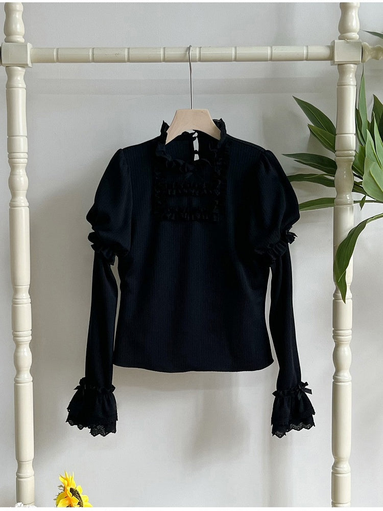 Black Long Sleeve Stand Collar Lolita Knit Top with Lace Trim - With PUJI