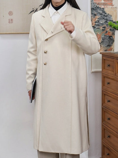 in Style Beige Chinese Coat Vent Design Unisex Front Buttoned Scarf Side Set with