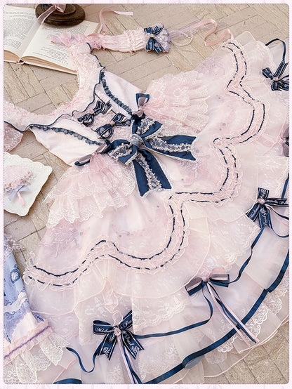 Sweet Bowknot & Embroidery JSK Dress with Lace Trim & Overlay - Mademoiselle Pearl