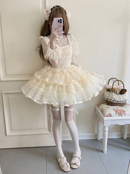 Print Skirt Apricot Jumper Bows Lolita Waist Balletcore Basque