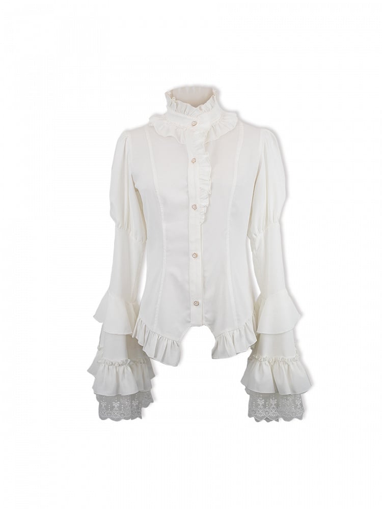 Weißes Hemd mit Glockenausschnitt und Rüschenärmeln im Gothic-Stil