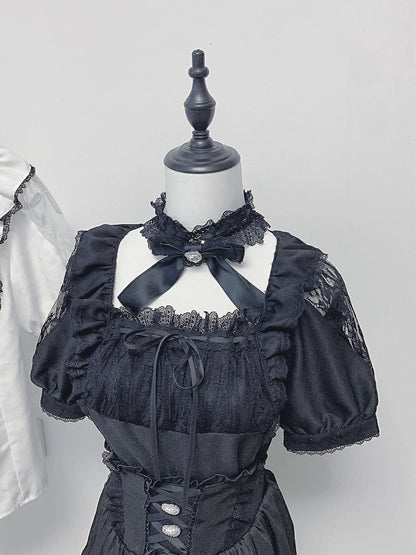 Shoulder Square Black Set: Color Corset Jirai Kei + Blouse Skirt Lace-Up Neck Style Cutout All