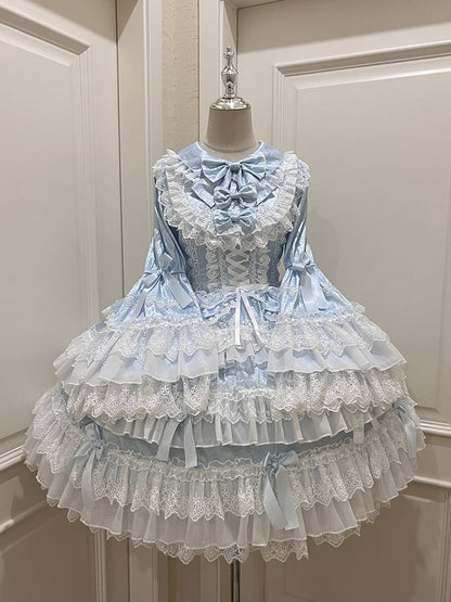 Bell Skirt Bows Tiered Ruffle Lolita Decorated Dress Blue Sleeves Long