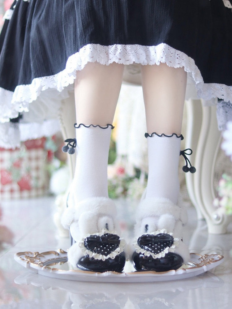 Plush Polka Dot Heart Rabbit Ear Winter Lolita Footwear - Cute Bunny
