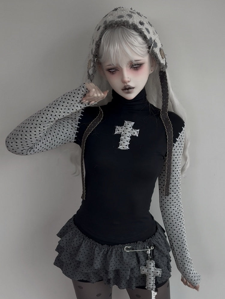 - Neck Polka-dot Pattern High Long Black Top Gothic Sleeve