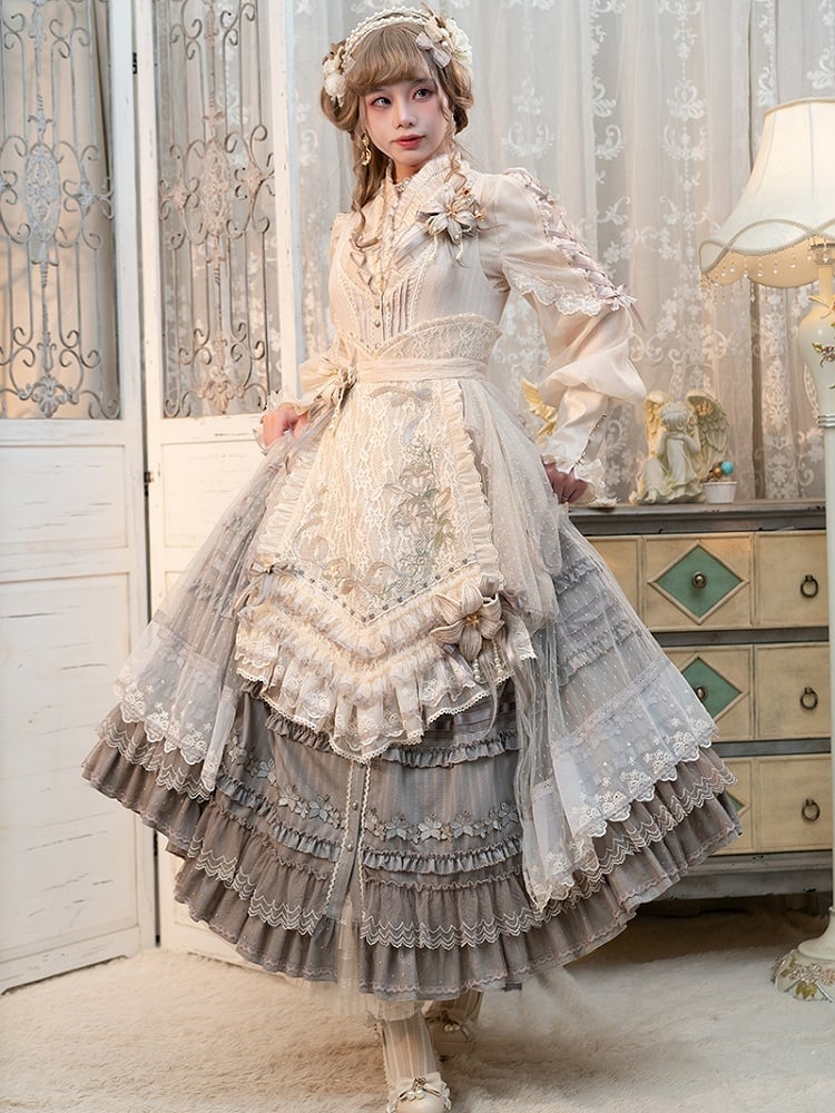Lily Stickerei-Applikation, mehrlagiger Saum, graues klassisches Lolita-Kleid, Knopfleiste vorne