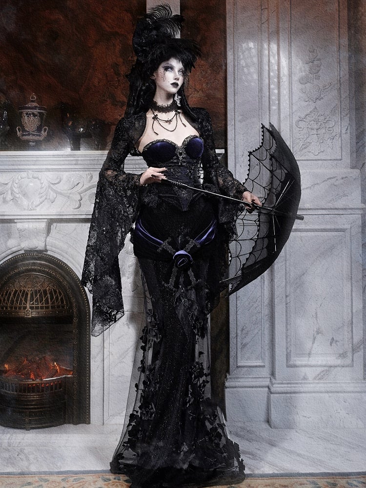 Romantic Goth Black Purple Velvet Corset with Rhinestones Beading - Blood Supply