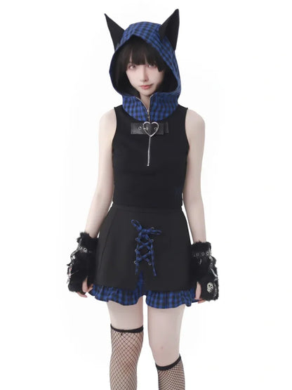 Muster Kapuze Blau Ohren Top Dunkel Schwarz Plaid Ärmellos