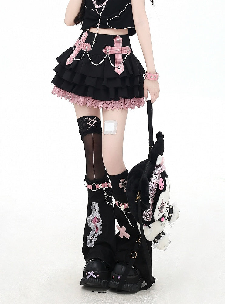Trim Appliques Plaid Cross Lace Skirt Decorated Tiered Pink/Red Chains