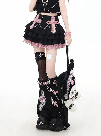 Trim Appliques Plaid Cross Lace Skirt Decorated Tiered Pink/Red Chains