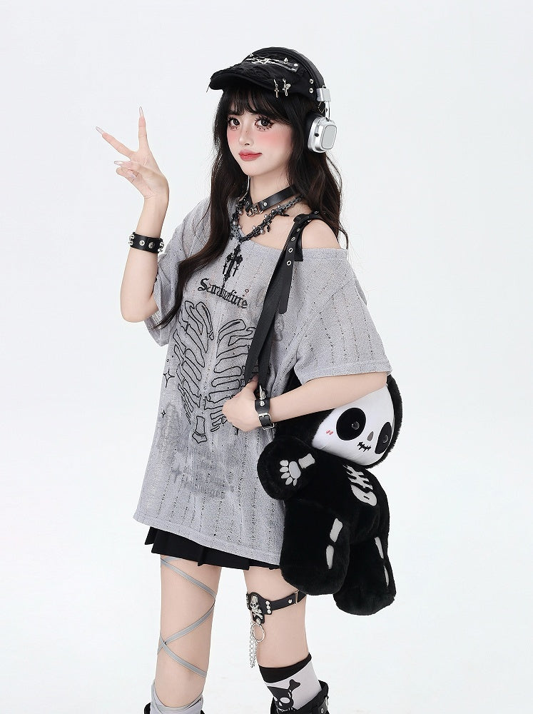 Y2K アシンメトリーネックライン スケルトン ハートプリント ブラック/グレー/ホワイト Tシャツ