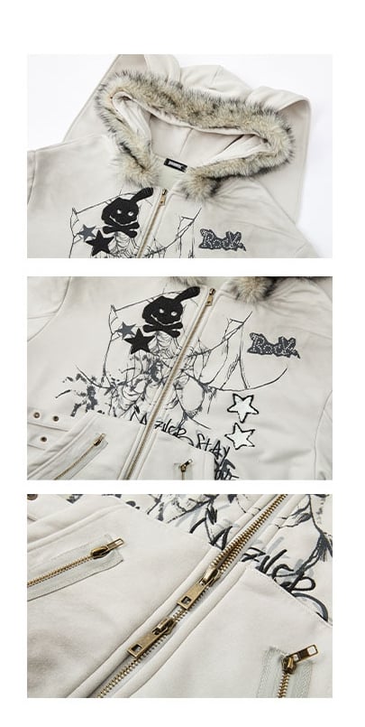 Spiderweb Zip and Punk Bunny Fleece Gray Ears Rock Print Skeleton Hoodie