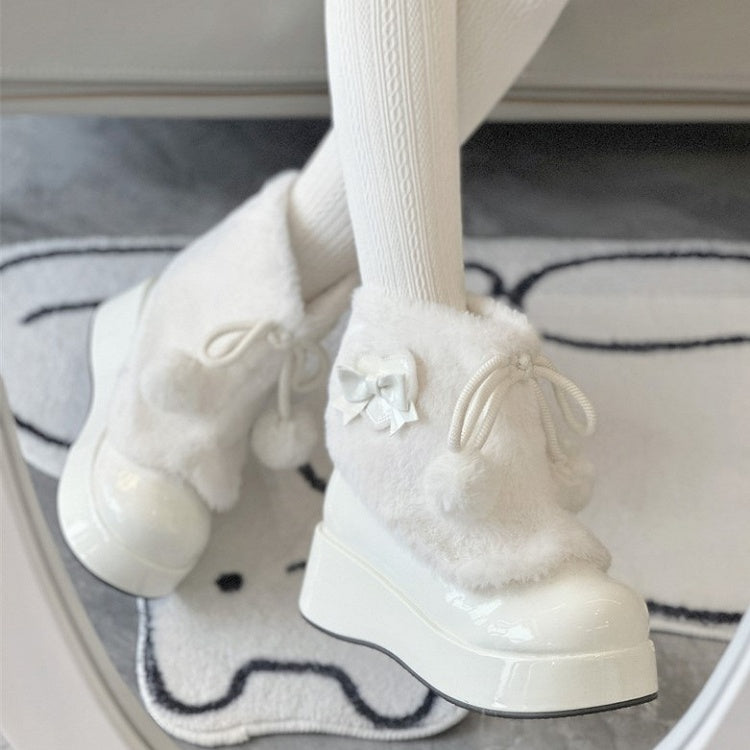 Lolita Bows Sweet Slip-On Ankle Round-Toe White Boots with Decor Pompon Accents