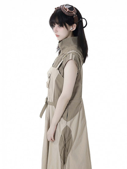 und Techwear-Overall mit Ballonrock-Details, Khaki, Druckknopf-Kordelzug