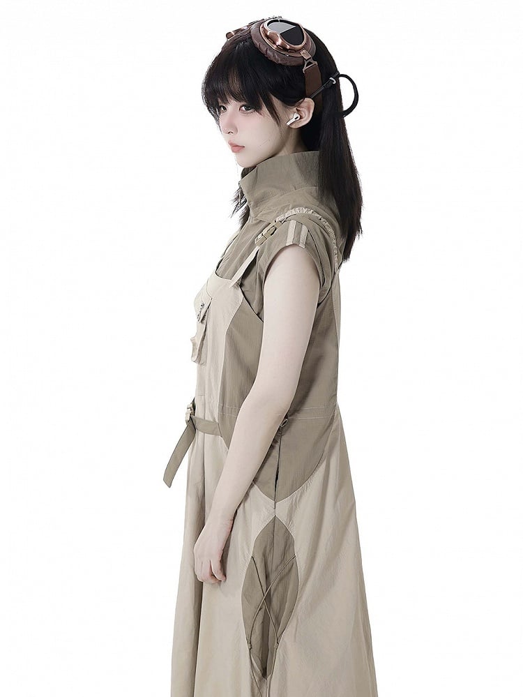 カーキカラーブロックデザイン ドローストリングヘム テックウェア フード付きタンクトップ