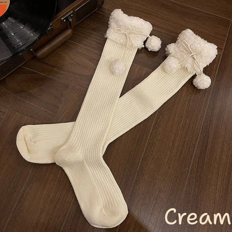 with Slouchy Pom-Pom Ribbed Stockings Sherpa 5-Color Cuff Accents