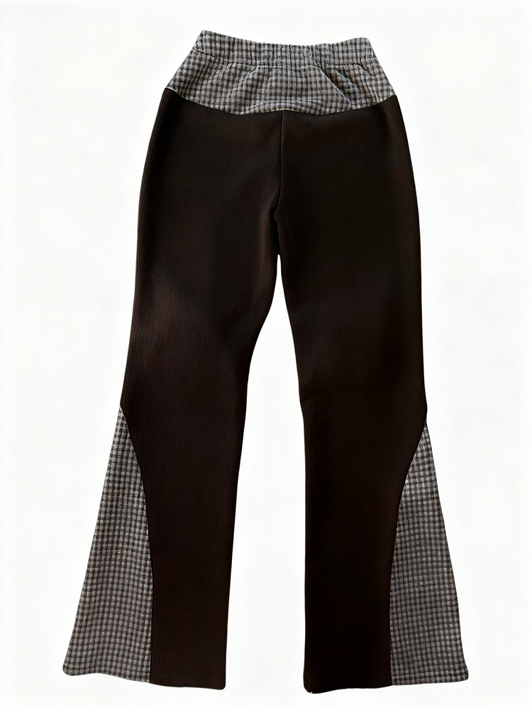 Brown Pants Knee with Flare Accents Patchwork Plaid Vintage-Inspired Fuzzy