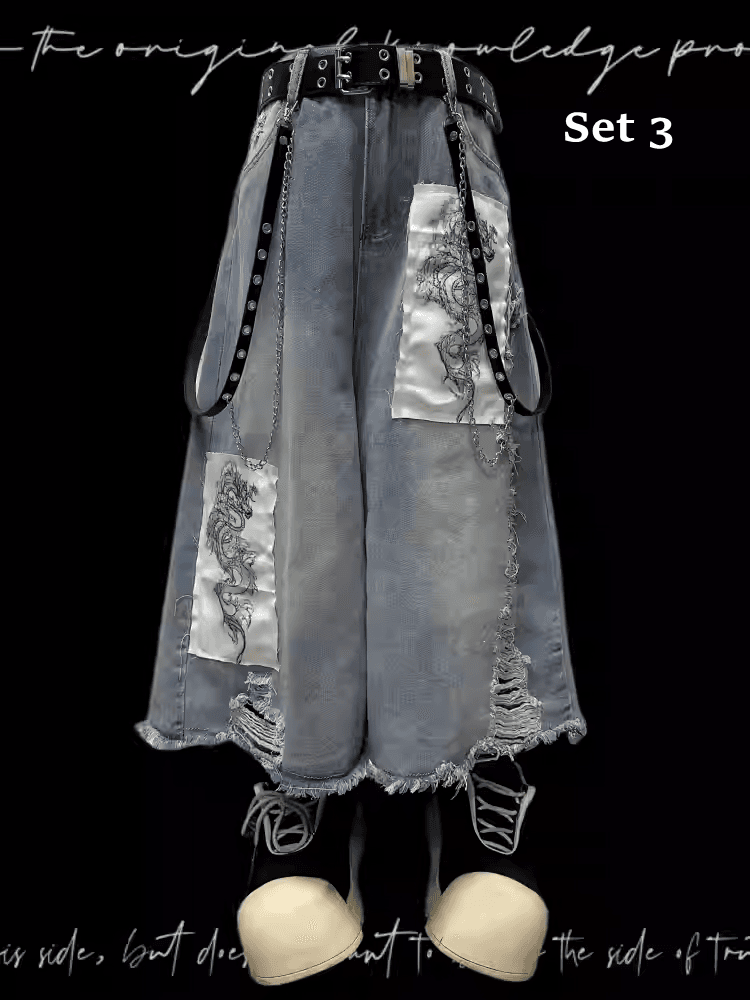 ブルーのワイドレッグジーンズ、ドラゴンのアップリケ、切りっぱなしの裾、ダメージ加工の穴、ライト