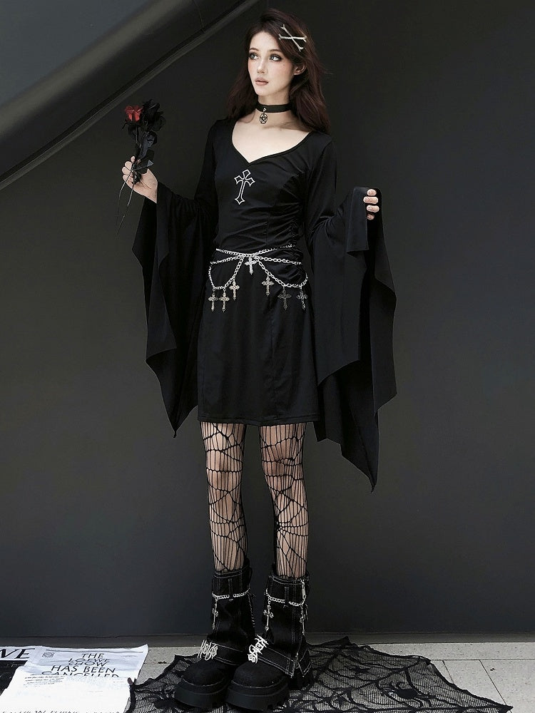 Gothic Punk Black Cross V-neck Flounce Bell Sleeves Dress with Waistchain Set