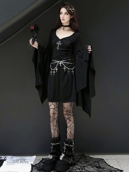 Gothic Punk Black Cross V-neck Flounce Bell Sleeves Dress with Waistchain Set