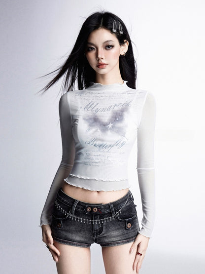 ピンク/ホワイトのセミシースルートップス、バタフライプリント、レタスヘムメッシュ