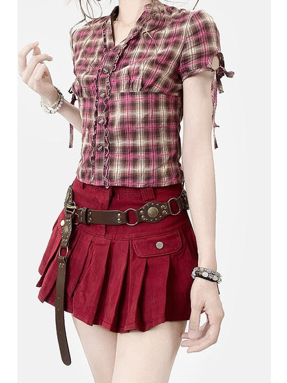 チェック柄袖フリルトリム柄シャツ Vネック Y2K ショートパンツ レッドブラウン