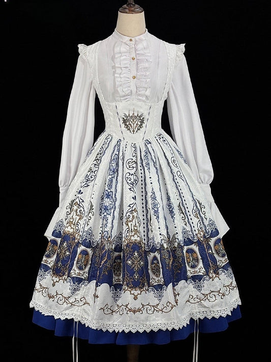Blue Bat Lolita JSK with Dress Dark Lace-Trimmed Shoulder White Candelabras Gothic Print Straps Drawstring Wings