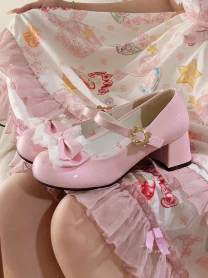 with Floral Round - Lolita Sweet Mid Heels Toe Pink Bow