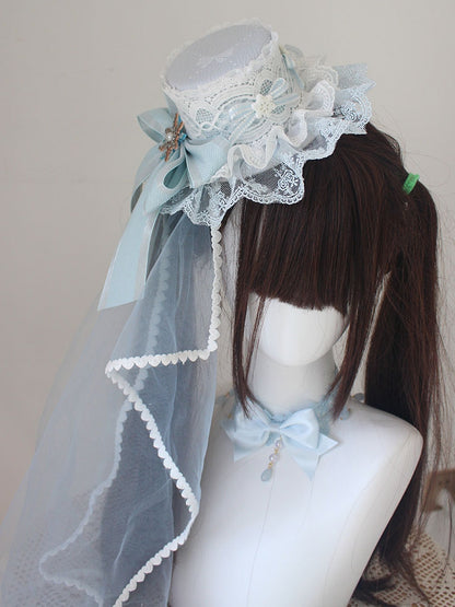 Blue Christmas Beaded Snow Bowknot Lace Trim Mini Hat With Veil