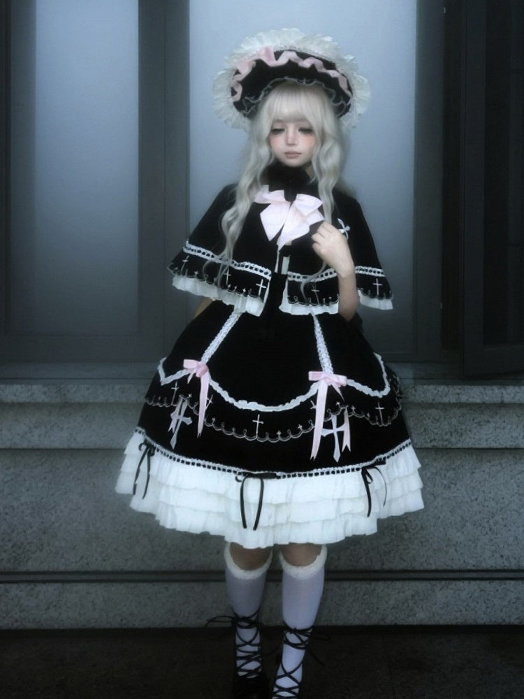 Short Sleeve Peter Pan Collar Lolita OP with Cross & Bow Accents in Black & Pink - MUYU