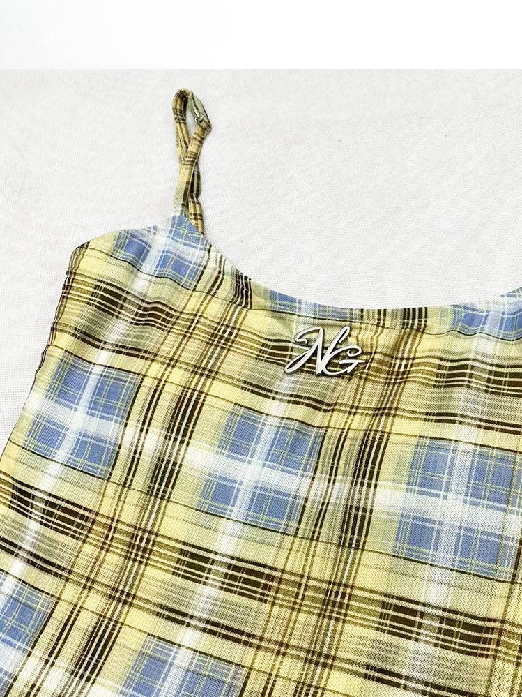 Y2K Cami Plaid Hem Asymmetrical Yellow Glamorous Dress Pattern