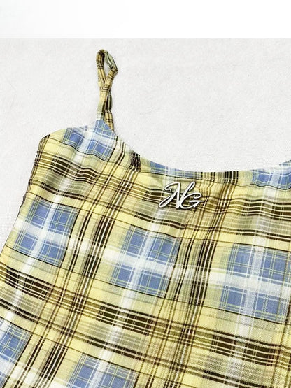 Y2K Cami Plaid Hem Asymmetrical Yellow Glamorous Dress Pattern