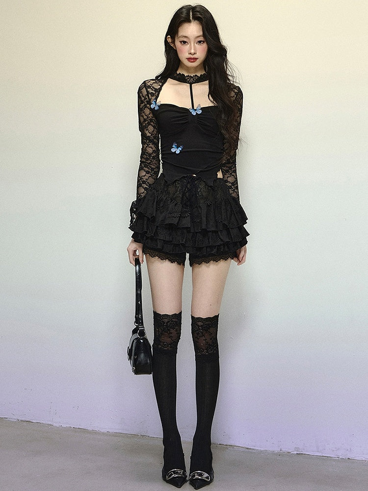 Black Butterflies Adorned Cutout Detail Halter Neck Top with Asymmetrical  Hem