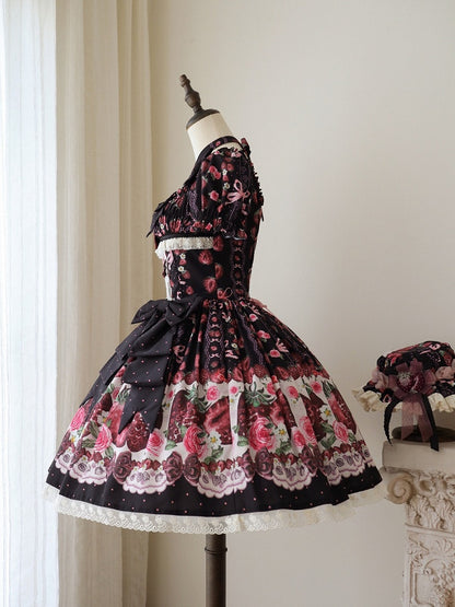 Black Strawberry Square Neck Puff Sleeve Lolita OP